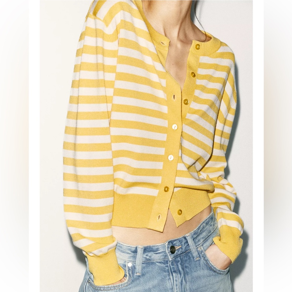 Zara Yellow Striped Women's Cardigan Sweater Size Small